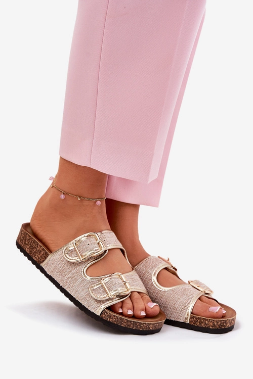 Materiałowe Klapki Damskie Na Korkowej Platformie Z Klamrami Złote Osoffe