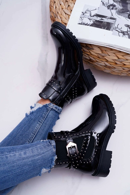 Botki Damskie Płaski Obcas Ciepłe Lakierowane Czarne Verre