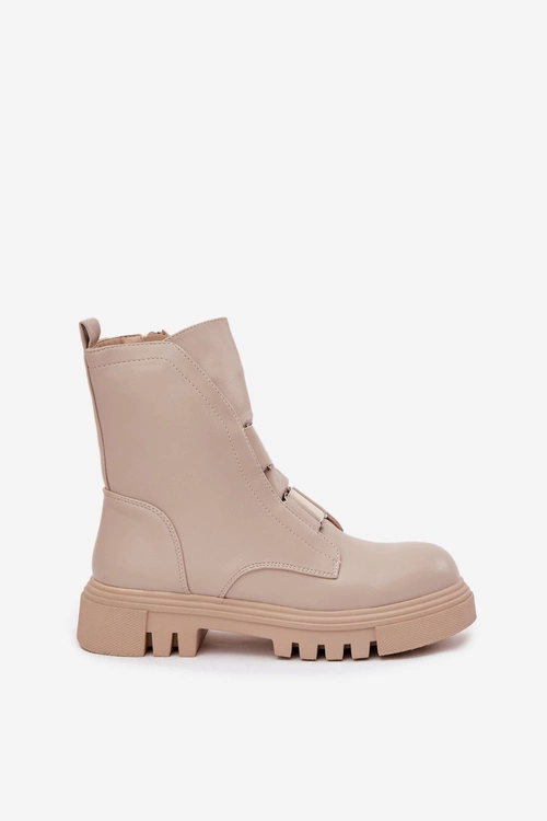 Ocieplane Botki Workery Damskie Na Zamek Eko Skórzane Jasnobeżowe Mailyra