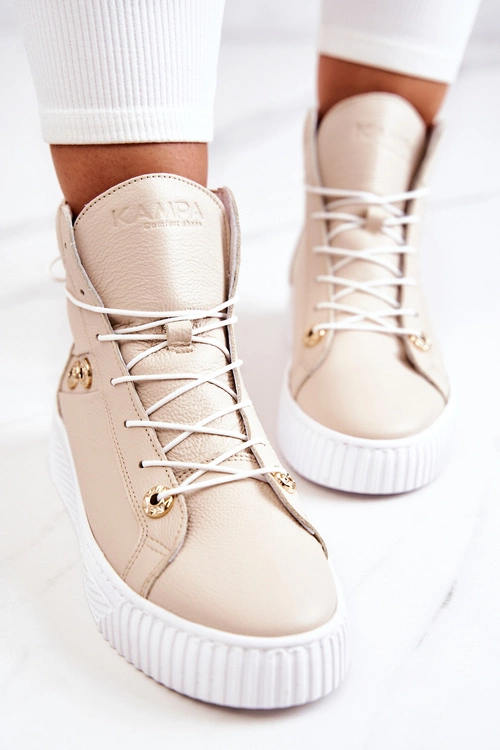 Botki Wysokie Trampki Skórzane Beżowo-Białe Ashlee