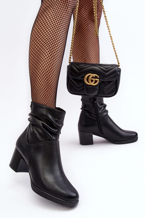 Damskie Marszczone Botki Na Słupku Czarne Liriam