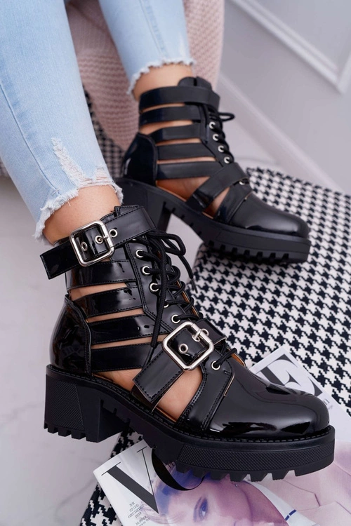 Botki Damskie Płaski Obcas Wiosenne Lakierowane Czarne Single