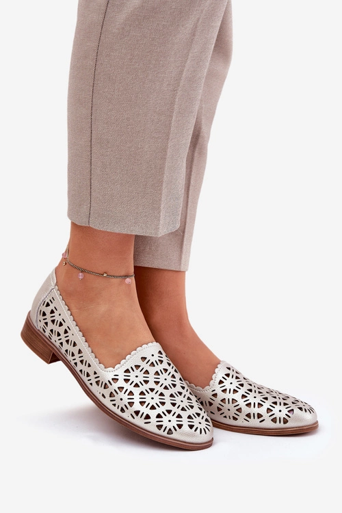 Skórzane Ażurowe Mokasyny Damskie S.Barski LR51-646 Złote