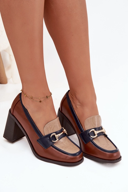 Półbuty Damskie Na Słupku Z Tłoczeniem I Złotym Detalem Beżowo-Brązowe Novella