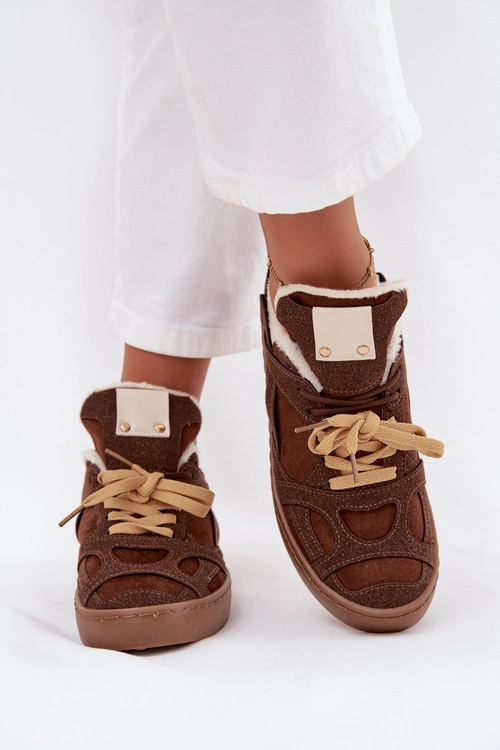 Sneakersy Damskie Na Platformie Ocieplane Futerkiem Brązowe Solvia