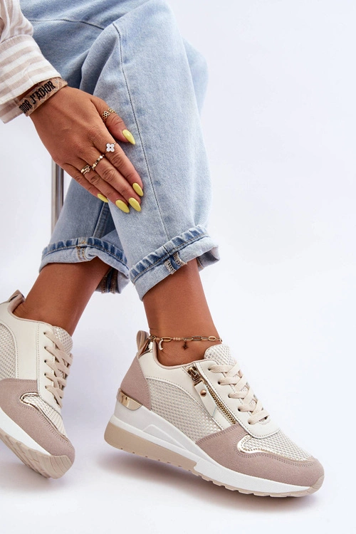 Damskie Sneakersy Na Koturnie Beżowo-Białe Sivan