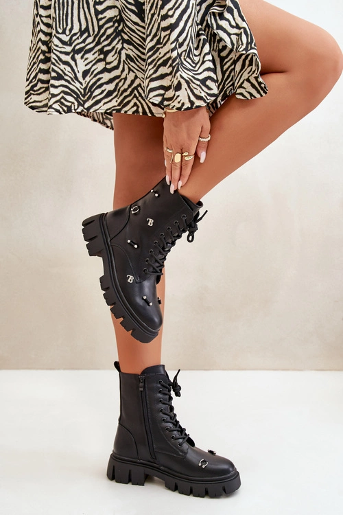 Botki Workery Damskie Z Ozdobami Eko Skórzane Czarne Cadenilla