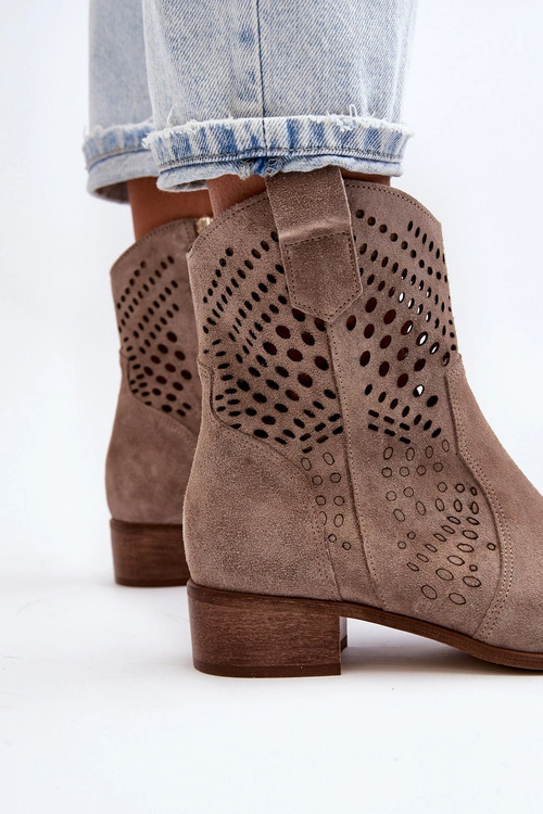 Zazoo 3305 Damskie Ażurowe Botki Kowbojki Na Niskim Obcasie Zamszowe Cappucino