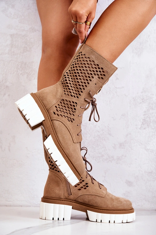 Skórzane Wysokie Botki Workery Nicole Jasnobrązowe 2706