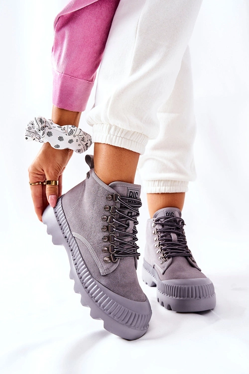 Skórzane Trapery Botki Big Star II274365 Szare