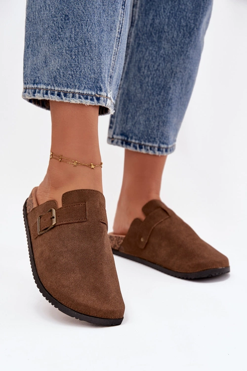 Klapki Chodaki Damskie i Na Platformie Z Klamrą Brązowe Selio