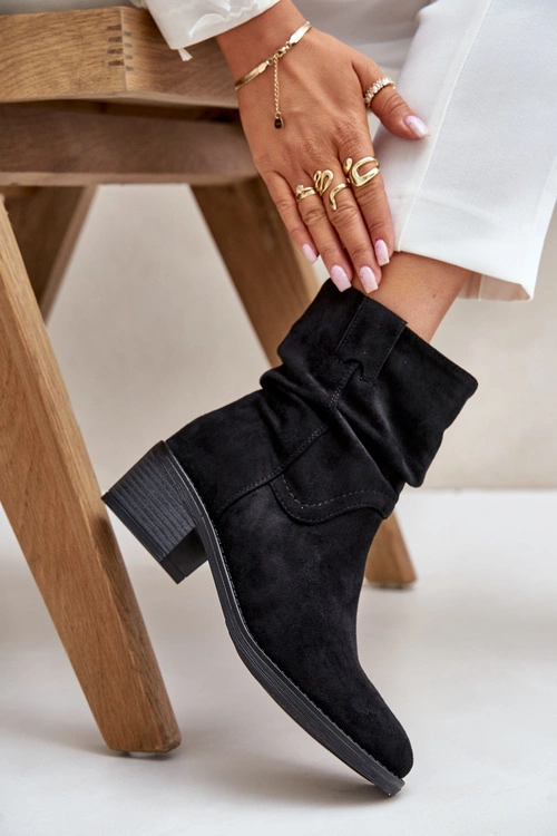Ocieplane Botki Damskie Z Marszczoną Cholewką Na Niskim Obcasie Czarne Zinanya