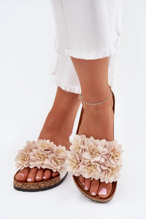 Klapki Damskie Na Korkowej Podeszwie Z Kwiatkami Beżowe Ferenza