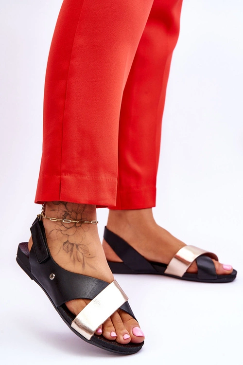 Zazoo 40141 Skórzane Sandały Na Rzep Czarno-Złote