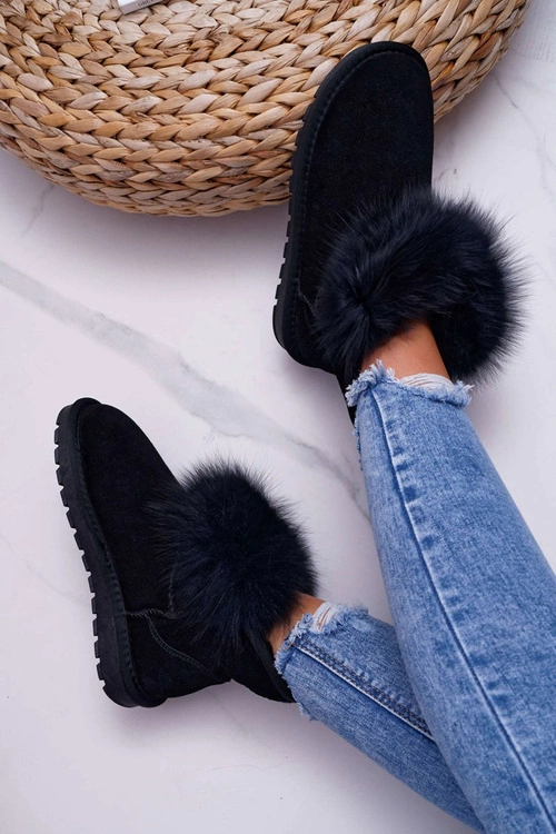 Damskie Botki Śniegowce Ocieplane Futerkiem Skóra Zamsz Czarne Memento