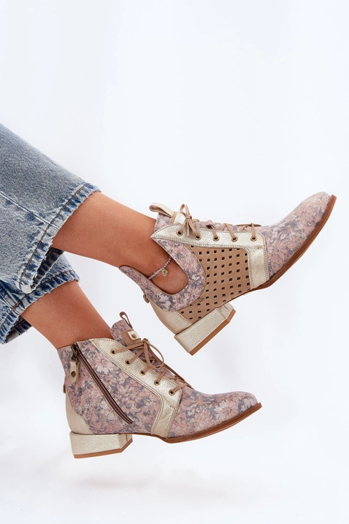 Skórzane Botki Trzewiki Maciejka 05541-04 Beżowo-Złote