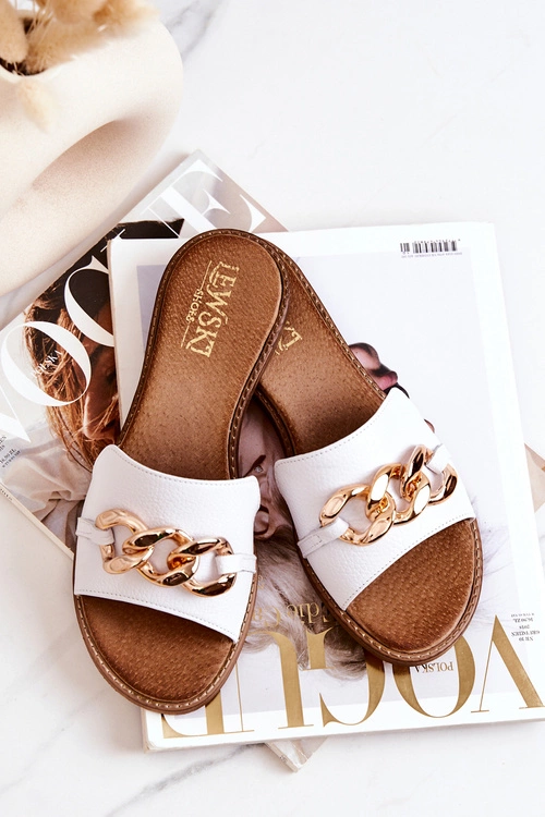 Skórzane Klapki Łańcuch Lewski 3052 Białe