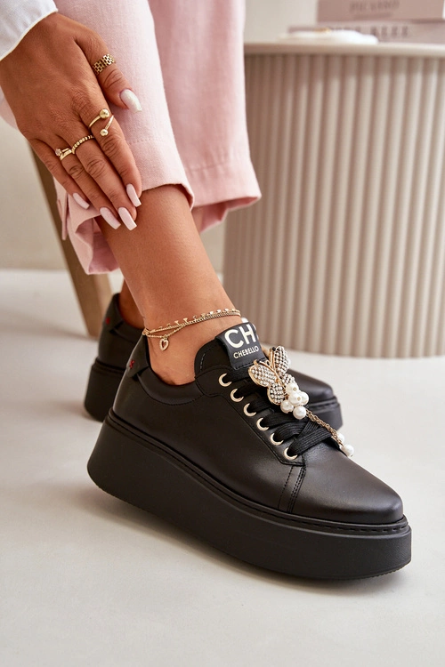 Damskie Skórzane Sneakersy Na Platformie Z Motylem CheBello 4585 Czarne