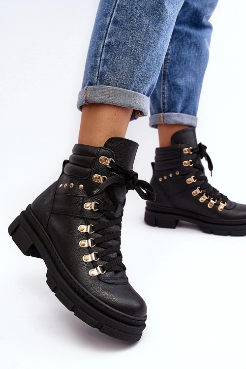 Damskie Skórzane Trapery Botki Sznurowane Zazoo K01 Czarne