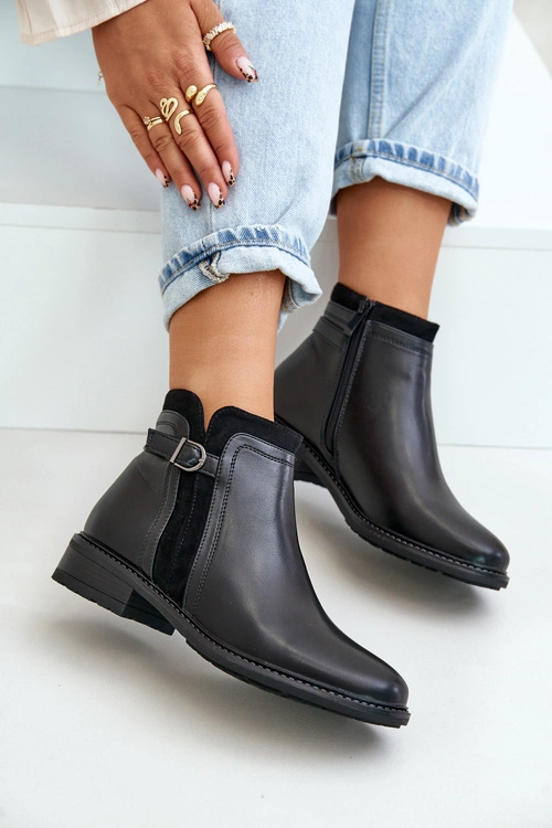 Ocieplane Botki Damskie Z Niską Cholewką Na Zamek Eko Skórzane Czarne Taitha