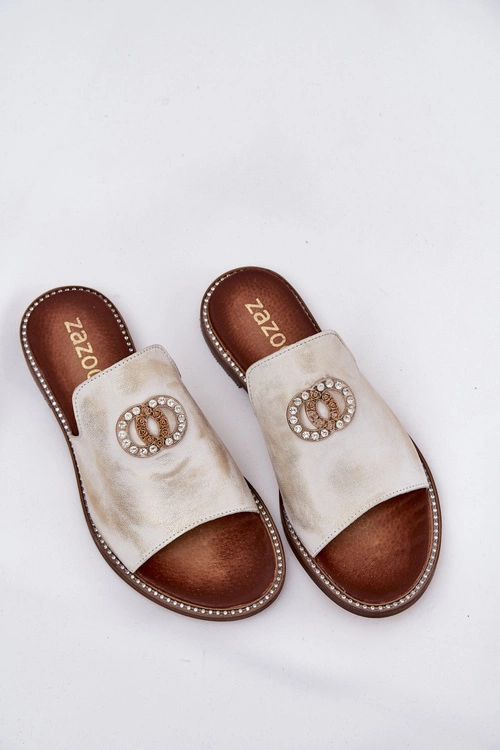 Eleganckie Skórzane Klapki Damskie Z Ozdobą Zazoo 3008 Złoty Przecierany