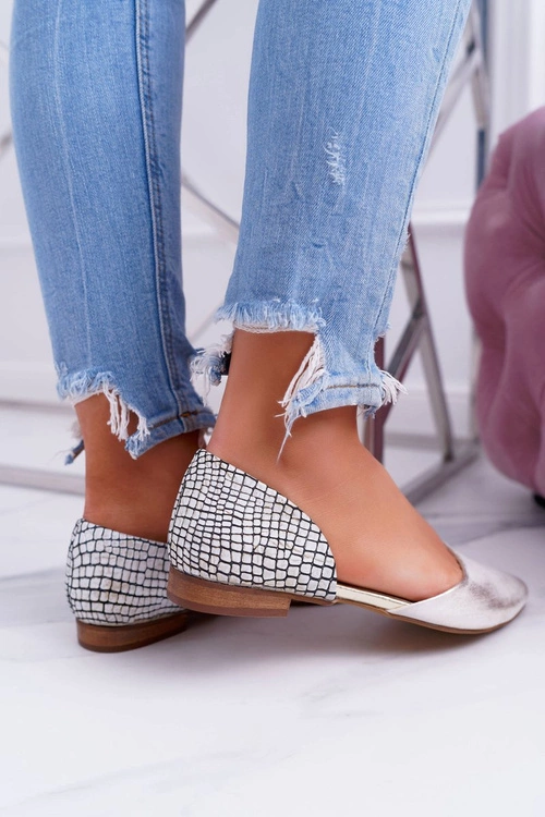 Baleriny Damskie W Szpic Wzór Krokodyla Skórzane Złote Anthem