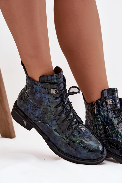 Lakierowane Botki Damskie Z Naturalnej Skóry D&A LZ52-962 Granatowe