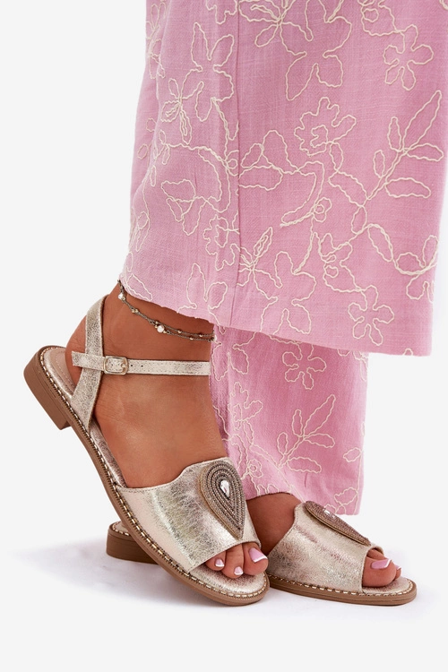 Damskie Sandały Na Płaskim Obcasie Z Ozdobą S.Barski KV51-098 Złote