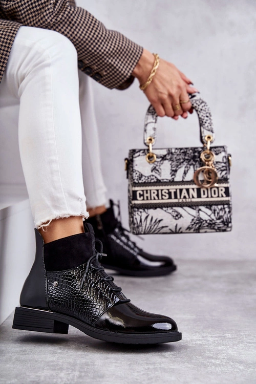 Lakierowane Ocieplane Botki Sznurowane Czarne Cathrine