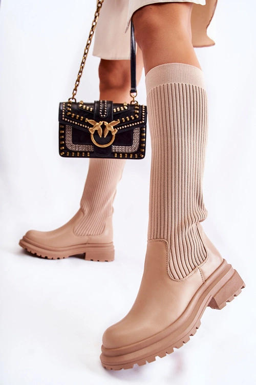 Prążkowane Damskie Kozaki Na Płaskim Obcasie Beżowe Allys