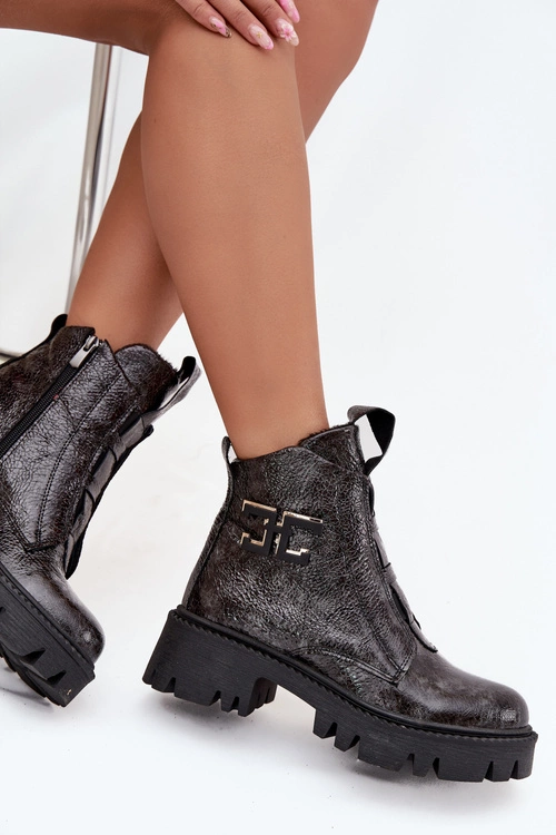 Skórzane Lakierowane Botki Damskie Z Ozdobą Ocieplane Artiker 57C2081 Grafitowe