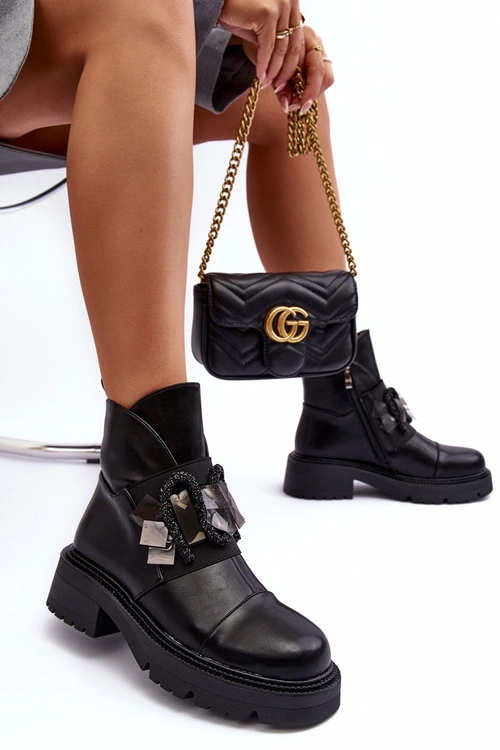 Skórzane Zdobione Botki Na Płaskim Obcasie I Platformie S.Barski MR870-46 Czarne