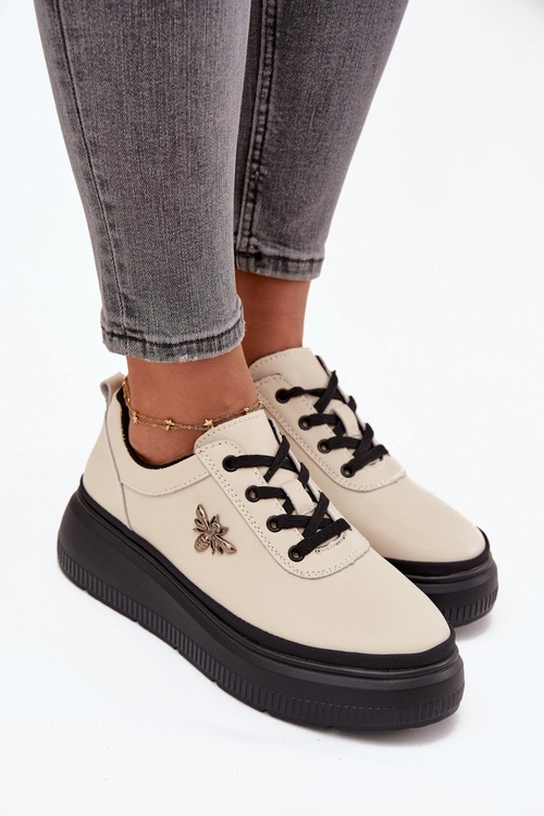 Skórzane Półbuty Damskie Na Platformie Z Przypinką Vinceza 41495 Beżowe