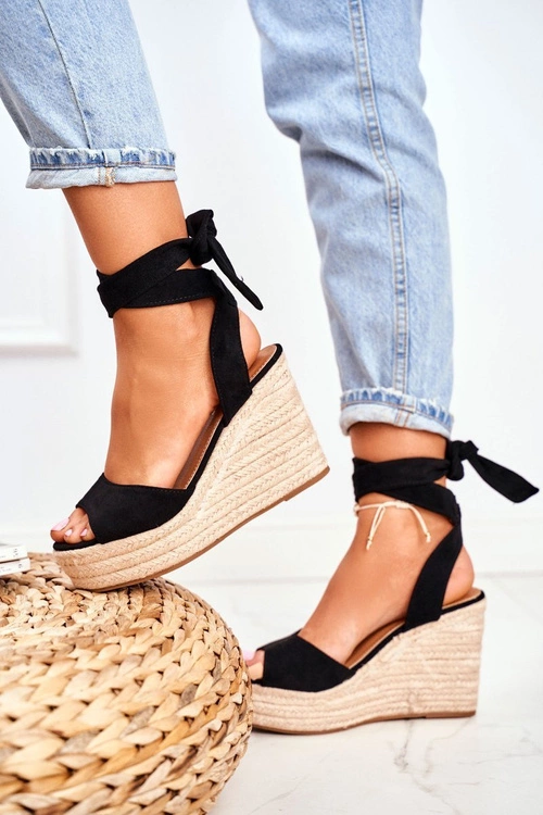 Sandały Damskie Na Koturnie Espadryle Czarny Ollie