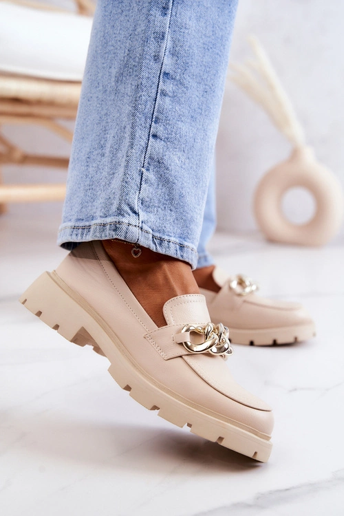 Skórzane Półbuty Loafery Łańcuch Beżowe Amicable