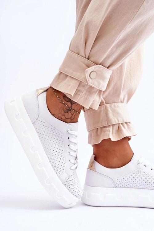 Skórzane Buty Sportowe Na Masywnej Platformie Białe Montigo