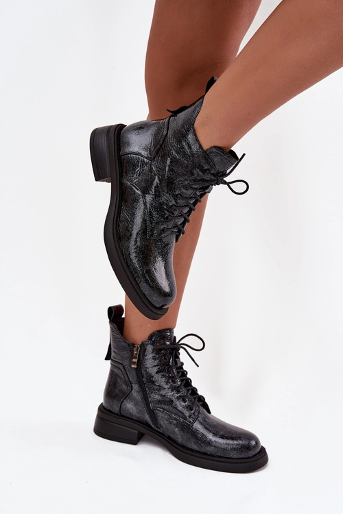 Lakierowane Skórzane Botki Damskie Na Klocku D&A LZ52-954 Granatowe