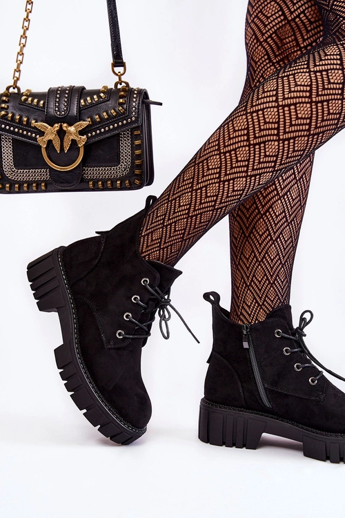 Zamszowe Ocieplane Botki Sznurowane Czarne Bjorg