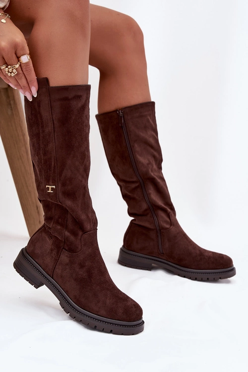 Kozaki Damskie Ocieplane Na płaskim Obcasie Eko Zamszowe Czekoladowe Delyssa