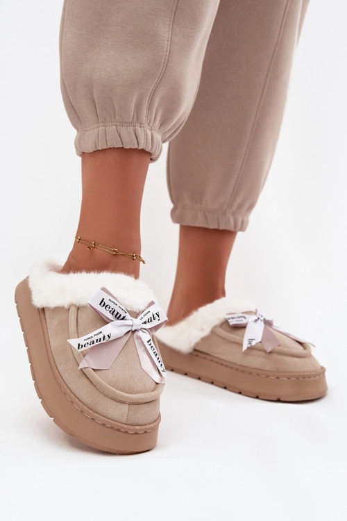 Kapcie Damskie Z Futerkiem I Kokardką Beżowe Fenella