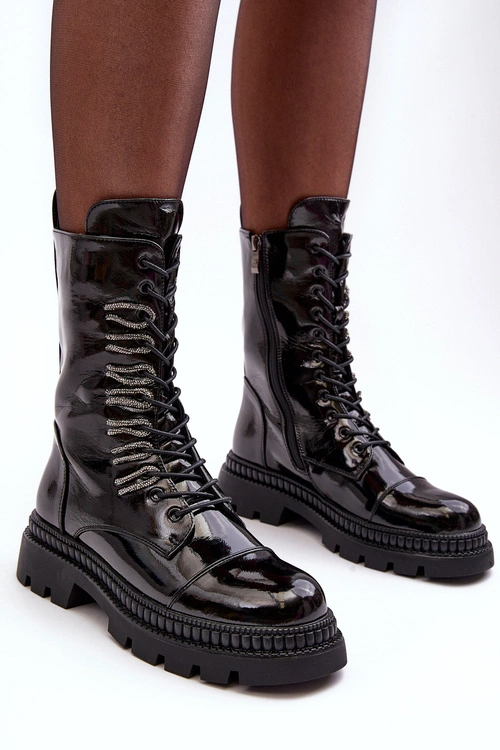 Lakierowane Damskie Botki Workery Sznurowane Czarne S.Barski MR870-72