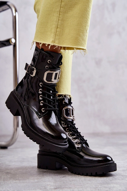 Lakierowane Ocieplane Damskie Botki Czarne Costello