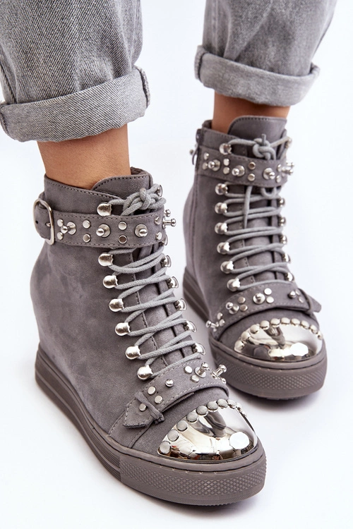 Ocieplane Botki Na Koturnie Z Dżetami Zamszowe Lu Boo Szare