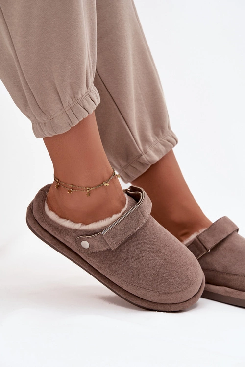 Kapcie Damskie Z Paskiem Ocieplane Futerkiem Ciemnobeżowe Rilena