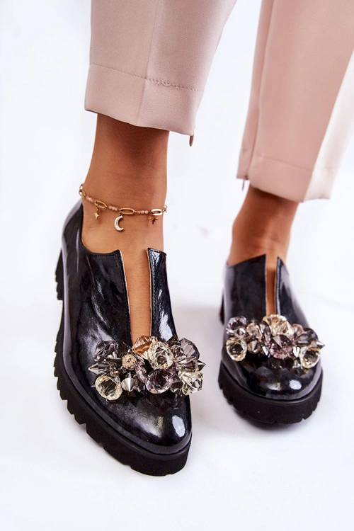 Eleganckie Lakierowane Półbuty Z Ozdobą Czarno-Szare Cindy