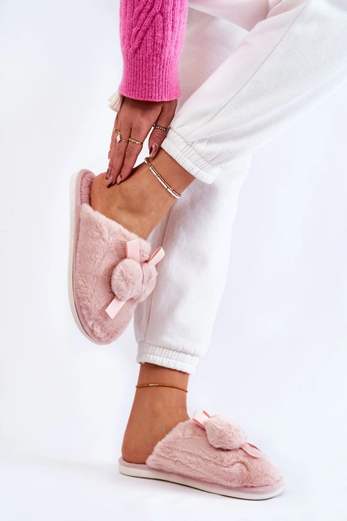 Damskie Futrzane Papcie Z Pomponami Różowe Castello