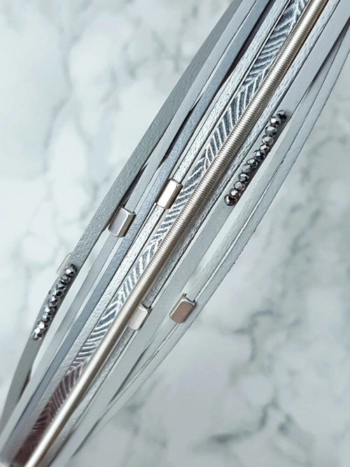 Damska Bransoleta Rzemień Szeroka Szara Kryształki Michiko