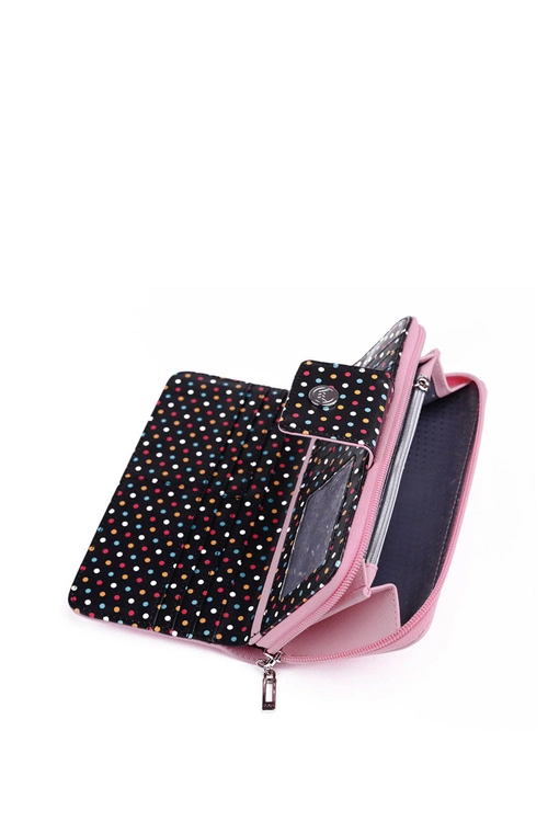Duży Portfel Damski Na Suwak Kropki Jasnoróżowy Huntress