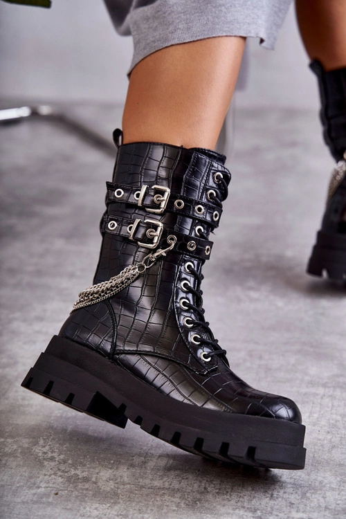 Wysokie Workery Botki Z Łańcuchem Wężowe Czarne Montero