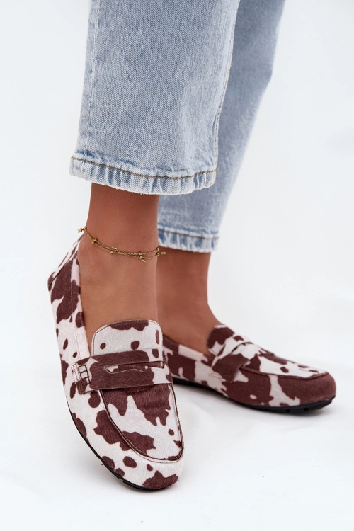 Loafersy Mokasyny Damskie Płaskie W Łaty Brązowo-Białe Roseline
